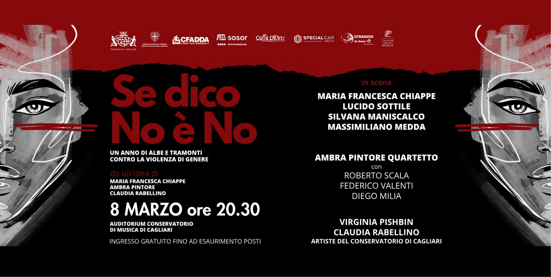 Locandina spettacolo Se dico no è no, un anno di albe e tramonti contro la violenza di genere, 8 marzo 2024 ore 20:30, Auditorium Conservatorio Cagliari. Da un'idea di Maria Francesca Chiappe, Ambra Pintore, Claudia Rabellino, ingresso gratuito sino a esaurimento posti.