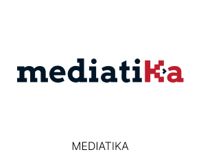 Logo Mediatika, scritta nera grassetta mediati e scritta rossa ka. In basso, scritta rossa Mediatica sottile