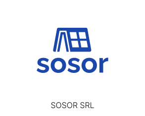 Logo Sosor. Libro blu stilizzato poggiato sui bordi dei lati lunghi delle copertine, la copertina contiene 4 finestre bianche. Scritta blu Sosor grassetta. In basso, scritta Sosor srl nera sottile.